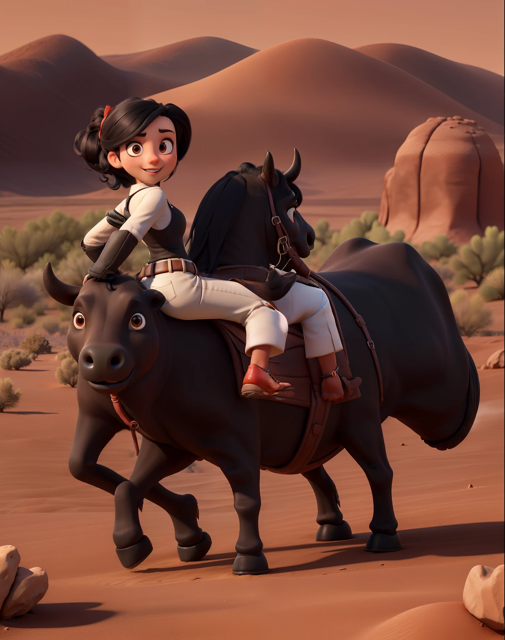 ((best quality)), (detailed), ((desert background)) a woman with her black hair tied back, wearing a black suit with red tips, riding a big Bull ((long-shoot)) ((facing forward))