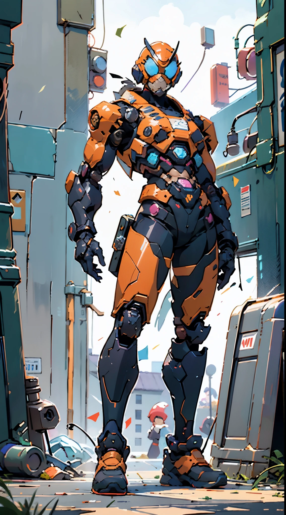 A super a high-tech biotech battle suit, standing on a rooftop, looking over the city, Japanese tokusatsu and American comic style, biometallic texture of the suit, sleek and shiny, dynamic, fast, natural light, cinematic, high quality, high resolution, high detail, sophisticated design, dramatic, high definition, ultra-detailed, ultra-fine painting, extremely delicate, creativity, Natural light, cinematic lighting, best shadow, masterpiece-anatomy-perfect