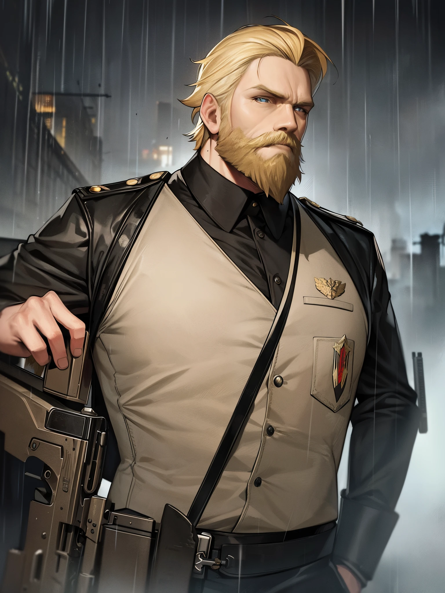 Blond guerrilla with worn black uniform, uses rifle, beard, ruined background, realistic, stylish, rutkowski, hdr, intricate details, hyperdetailed, cinematic, rim light, danger atmosphere, noir, night, red light, dark street, rain, 4k