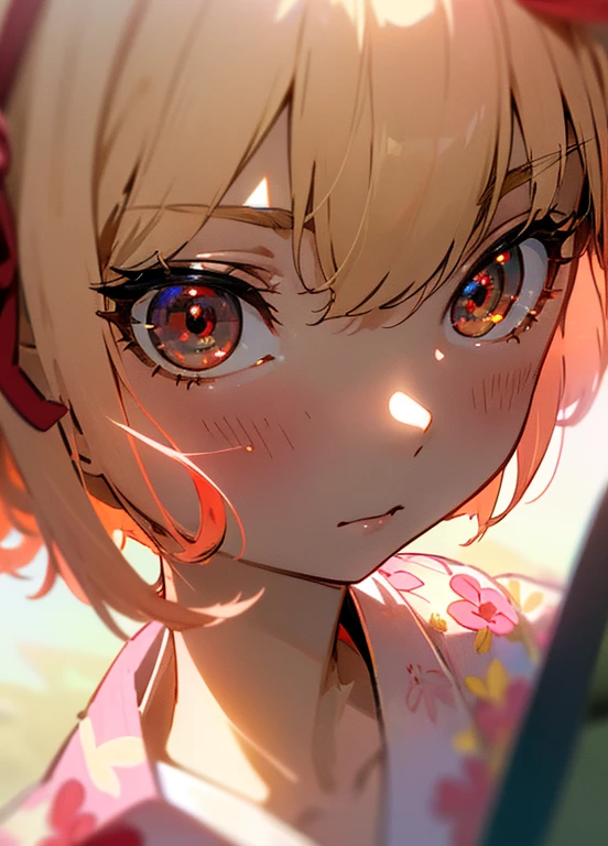 Chisato Nishikigi, Chisato Nishikigi, short hair, bangs, blonde, (red eyes:1.5), hair ribbon, one side up, bob cut,pink floral pattern kimono,pink furisode,white foot bag,Zori sandals,outside the coffee shop,The sun begins to rise between the buildings,初日の出
break looking at viewer, break (masterpiece:1.2), highest quality, High resolution, unity 8k wallpaper, (illustration:0.8), (beautiful and detailed eyes:1.6), highly detailed face, perfect lighting, Very detailed CG, (perfect hands, perfect anatomy),