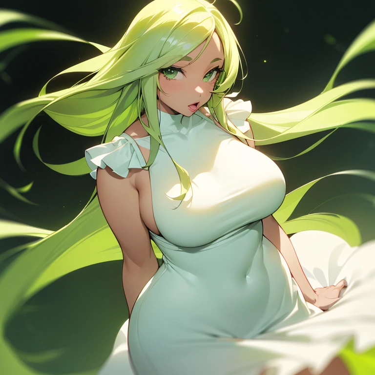 (((Light Skin Woman))),(((Light green, long hair without bangs))),(((voluminous and curvy body))),(((Lime green eyes))),(((Alone))),(((Wearing a soft white dress)))