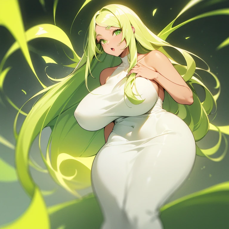 (((Light Skin Woman))),(((Light green, long hair without bangs))),(((voluminous and curvy body))),(((Lime green eyes))),(((Alone))),(((Wearing a soft white dress)))