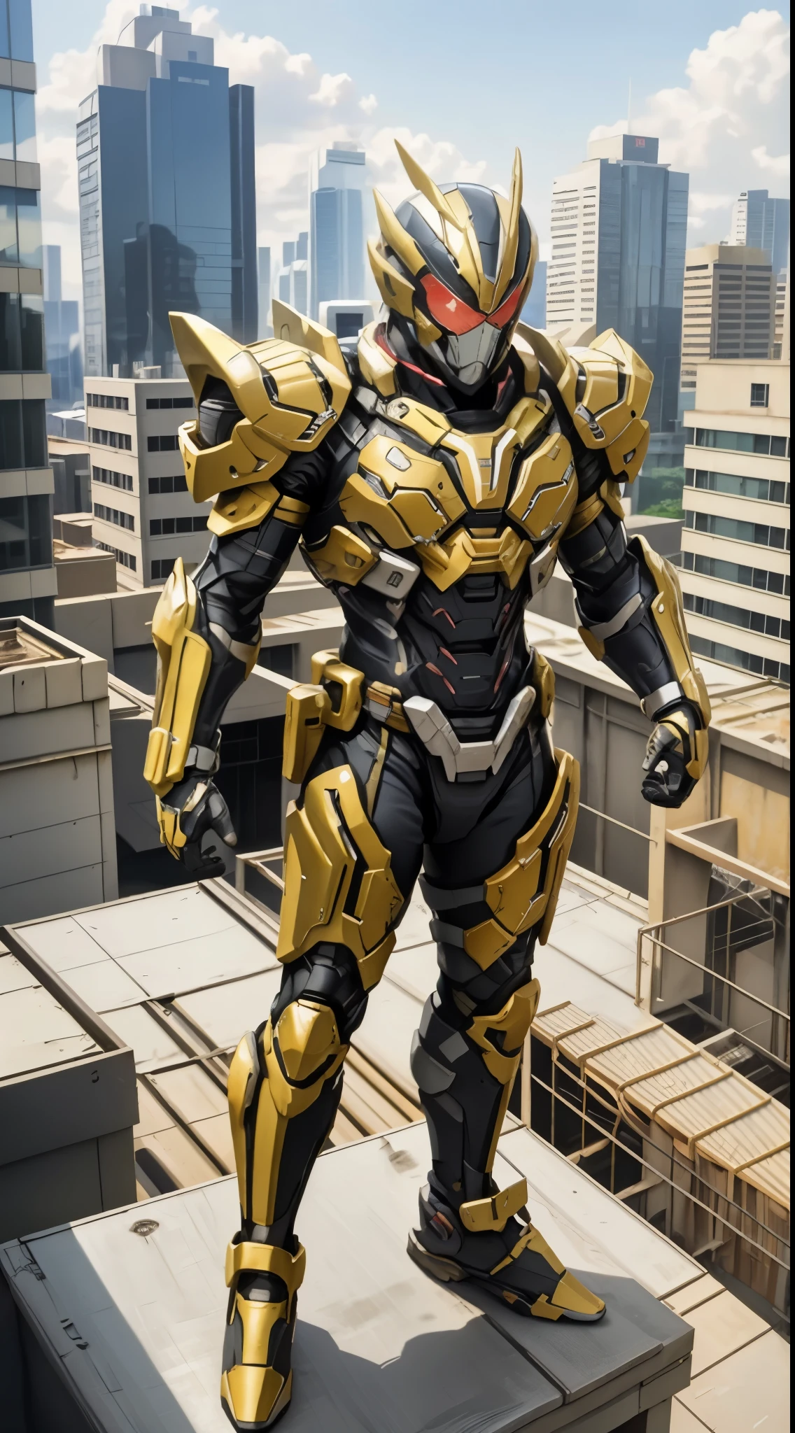 A super a high-tech biotech battle suit, standing on a rooftop, looking over the city, Japanese tokusatsu and American comic style, biometallic texture of the suit, sleek and shiny, dynamic, fast, natural light, cinematic, high quality, high resolution, high detail, sophisticated design, dramatic, high definition, ultra-detailed, ultra-fine painting, extremely delicate, creativity, Natural light, cinematic lighting, best shadow, masterpiece-anatomy-perfect