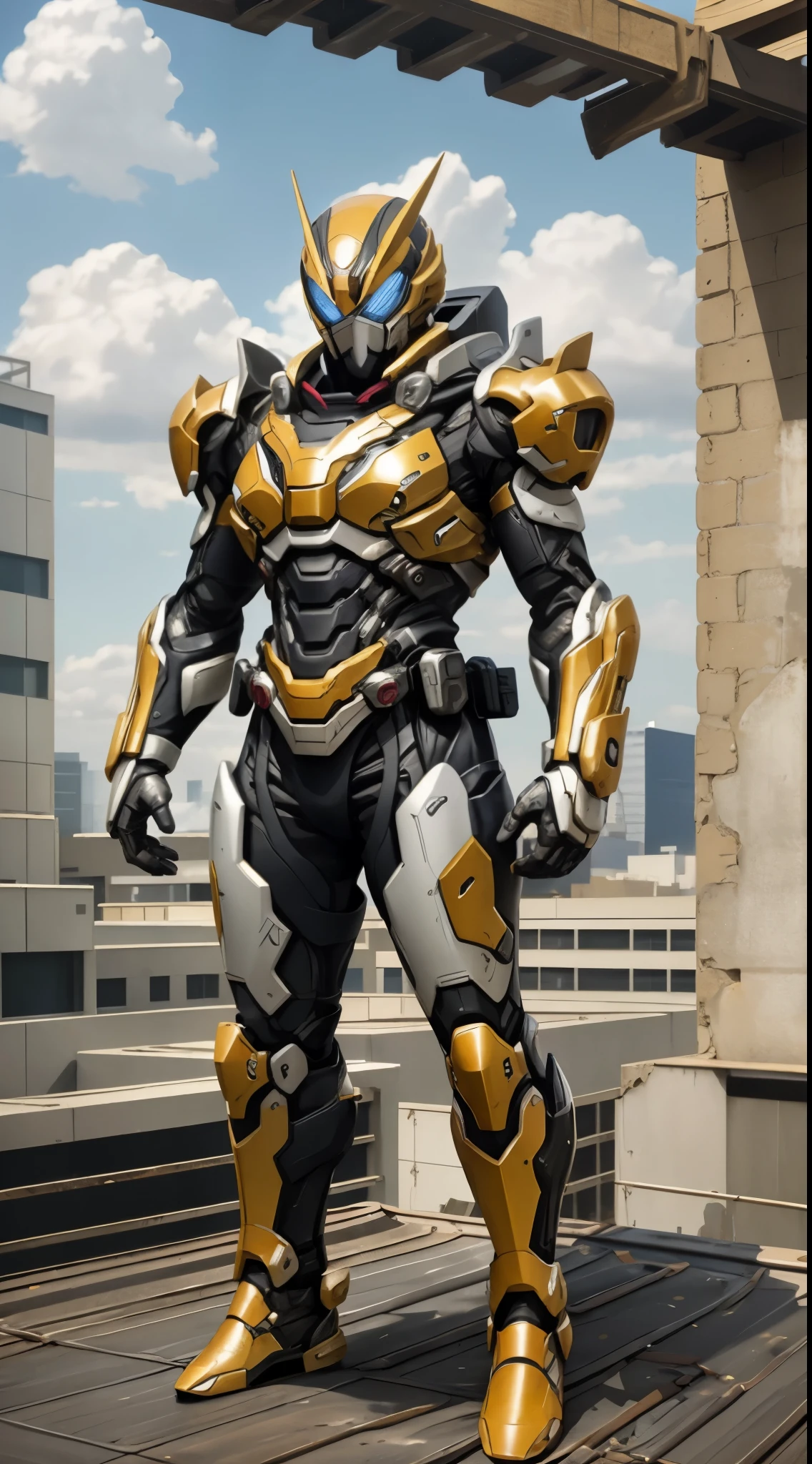 A super a high-tech biotech battle suit, standing on a rooftop, looking over the city, Japanese tokusatsu and American comic style, biometallic texture of the suit, sleek and shiny, dynamic, fast, natural light, cinematic, high quality, high resolution, high detail, sophisticated design, dramatic, high definition, ultra-detailed, ultra-fine painting, extremely delicate, creativity, Natural light, cinematic lighting, best shadow, masterpiece-anatomy-perfect