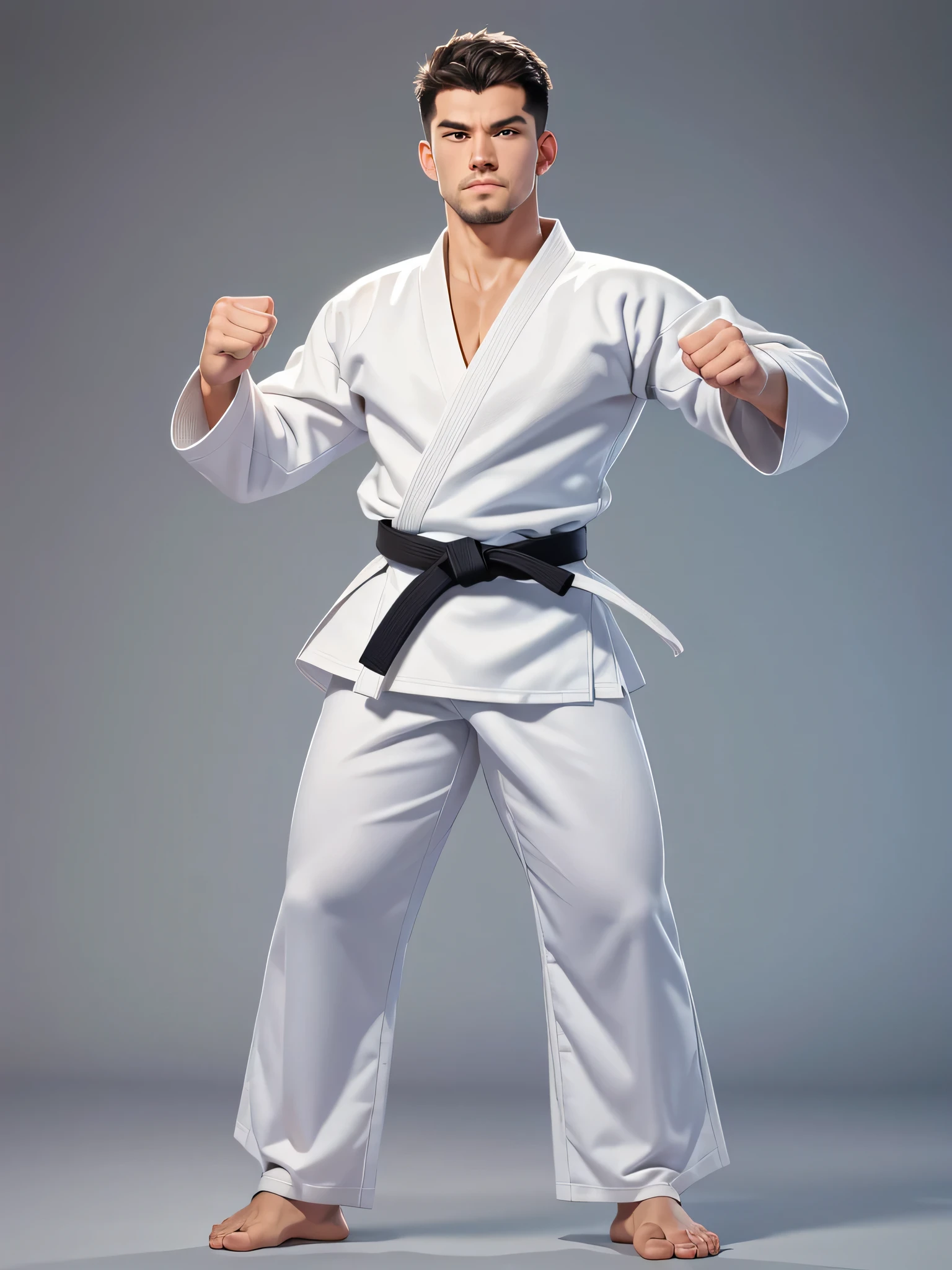 (8k, Foto CRU, qualidade de obra-prima: 1.2), they are a caucasian man, in a judo pose, ((vestindo um judogi branco)) ((judogi branco com mangas compridas)), judo, judo pose, Artes marciais, , ((black belt)) principiante, postura de luta, Artes marciais, classification, competition winner, postura de luta, pose de arte marcial, in a dojo (tiro de corpo inteiro: 1) posando para fotografia, postura firme (tiro de corpo inteiro: 1).