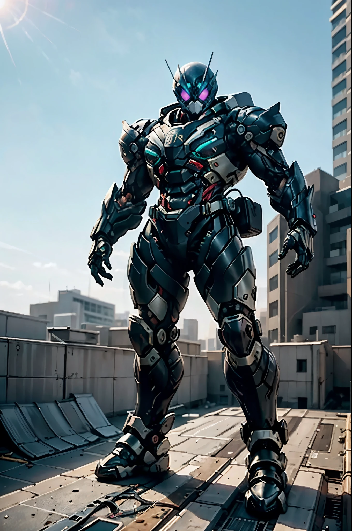 A super a high-tech biotech battle suit, standing on a rooftop, looking over the city, Japanese tokusatsu and American comic style, biometallic texture of the suit, sleek and shiny, dynamic, fast, natural light, cinematic, high quality, high resolution, high detail, sophisticated design, dramatic, high definition, ultra-detailed, ultra-fine painting, extremely delicate, creativity, Natural light, cinematic lighting, best shadow, masterpiece-anatomy-perfect