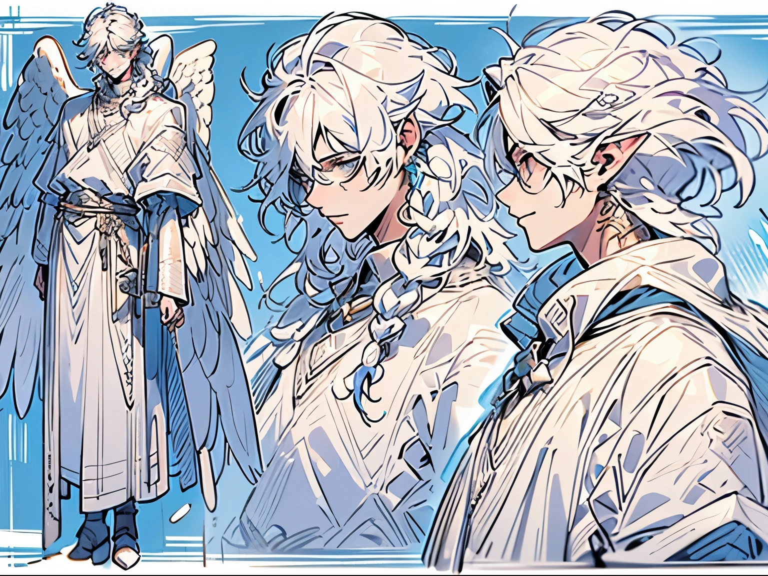 Character sheet, full body, front and side view, beautiful angel man, long hair, big white wings, fantasy clothing, hair clip, perfect face, male, tattoos un arms