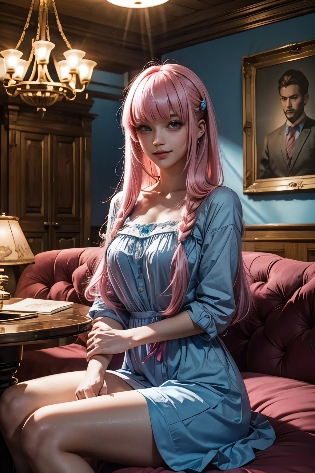 [[]], Pink hair, (masterpiece, round_iris, crispy crystalline glistering blue eyes, perfect_anatomy), 1girl, mature, feminine expression, gentle expression, sitting reclining on bed,  princess dress [detailed hair, jelly_blue_eyes, eyelashes, eyeliner, mascara, parted lips, gentle smile, round_breasts, big_breasts, smooth_skin, detailed clothes, satin dress shirt, small torso, long_thighs, legs_together, delicate hands],   [indoors, bedroom, warm, comfy, cozy , aesthetics, dreamy], --auto --s2