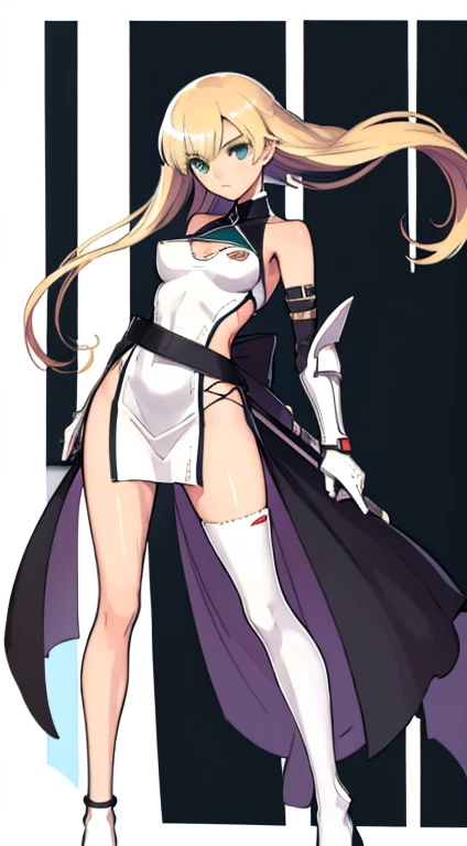 (((Best Quality))) , ((full body)), female, character design, solo, (white background), holding sword, gloves, thigh high, side slit trench skirt, blue, orange, green, violet, brown, white, colorful outfit, bare arms, bare waist, standing, backless casual dress, bikini, side slit skirt, gloves, bare shoulder, waist armor, 