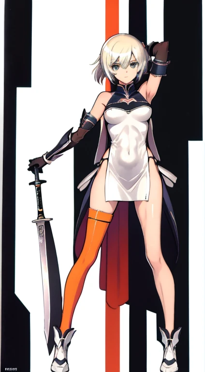 (((Best Quality))) , ((full body)), female, character design, solo, (white background), holding sword, gloves, thigh high, side slit trench skirt, blue, orange, green, violet, brown, white, colorful outfit, bare arms, bare waist, standing, backless casual dress, bikini, side slit skirt, gloves, bare shoulder, waist armor, 