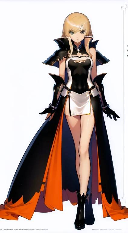 (((Best Quality))) , ((full body)), female, character design, solo, (white background), holding sword, gloves, thigh high, side slit trench skirt, blue, orange, green, violet, brown, white, colorful outfit, bare arms, bare waist, standing, backless casual dress, bikini, side slit skirt, gloves, bare shoulder, waist armor, 