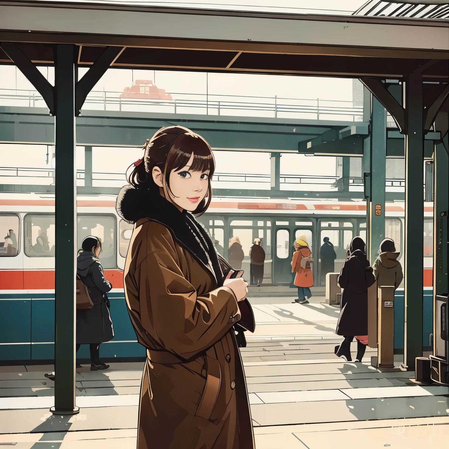 high resolution、Illustration style、Showa Anime、ukiyoe painting、((woman))、Tokyo、((fashion))、The background is the station、26 years old、winter