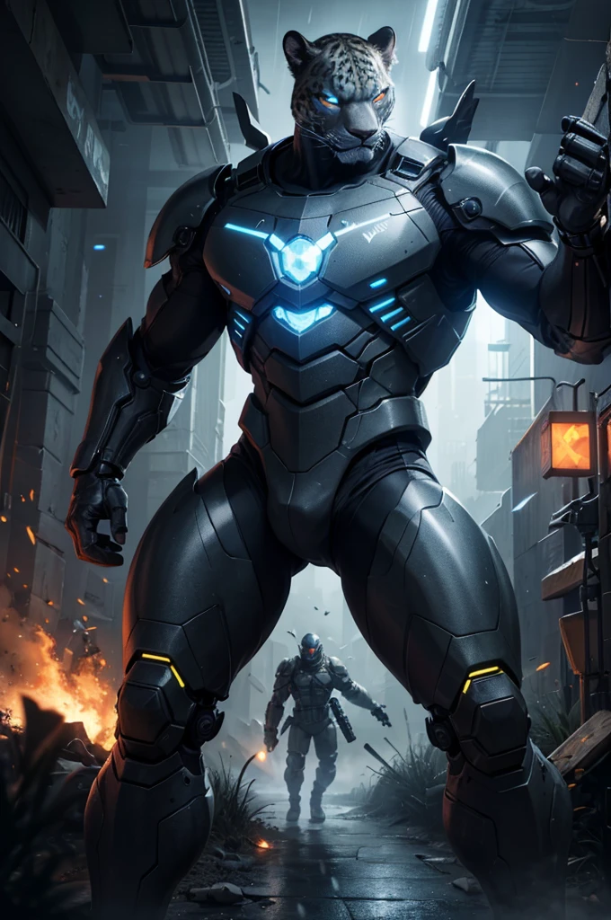 (best quality,4k,8k,highres,masterpiece:1.2),ultra-detailed,realistic:1.37,hybrid,detailed leopard head,soldier body armor,futuristic battle,man body,strong,muscular,battle damage,technological enhancements,aggressive posture,dark background,red glowing eyes,sharp claws,leopard print camouflage,powerful stance,metallic textures,advanced weaponry,cybernetic enhancements,high-tech gadgets,grim and intense,explosions in the background,smoke and dust particles swirling,heavy rain pouring,electricity crackling,blueish color palette,ambient lighting.