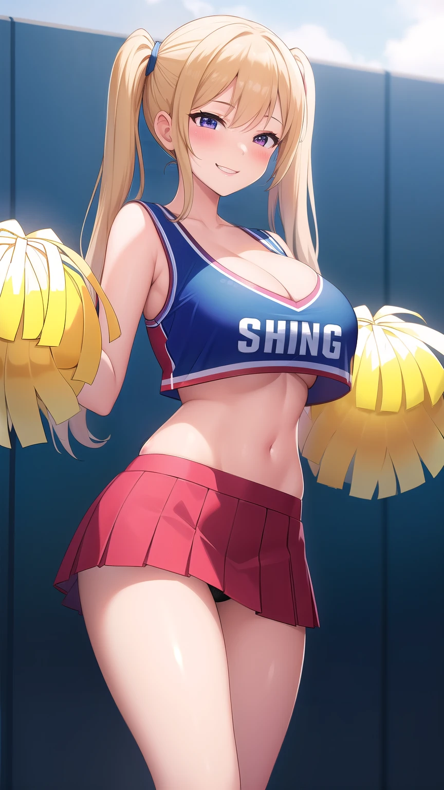 (best quality:1.5, highres, UHD, 4K, detailed lighting, shaders), blonde pigtails, large breasts, thighs, crotch, cheerleader outfit, cleavage, crop top, skirt, sexy, erotic, lewd, seductive, perverted, hentai, flirting, smiling, blushing:1.4, standing, close shot, school background