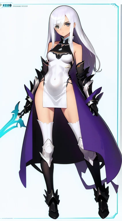 (((Best Quality))) , ((full body)), female, character design, solo, (white background), holding sword, gloves, thigh high, side slit trench skirt, blue, orange, green, violet, brown, white, colorful outfit, bare arms, bare waist, standing, backless casual dress, bikini, side slit skirt, gloves, bare shoulder, armored dress,