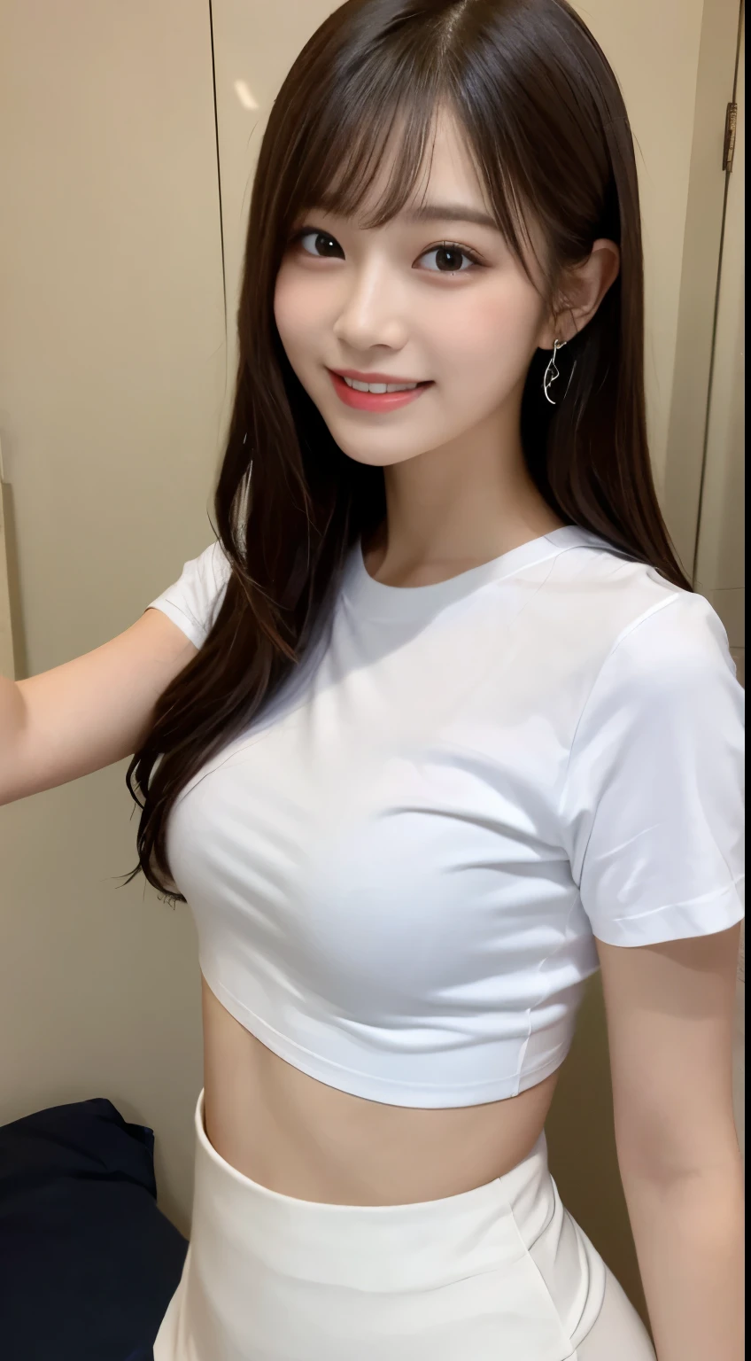 White tight shirt、White tight mini skirt、bed、smile、short sleeve、high resolution、Hallyu Idol Face