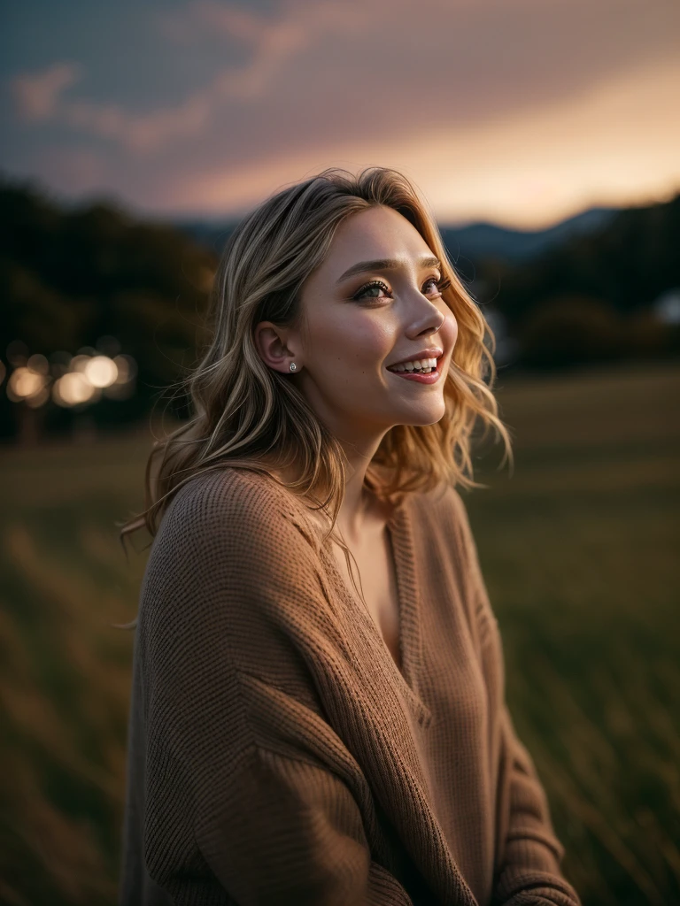 (RAW style, masterpiece, best quality, ultra-detailed), 28 years old Elizabeth Olsen posting outdoor, deep V sweater, big breast, beautiful night, cheerfully and happy, clear sky, analog style, (skin texture, film grain), cinematic light, sidelighting, ultra high res