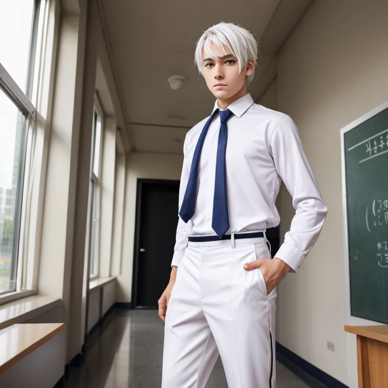 Man, 6ft, black eyes, white pupils, white hair, school uniform, long pants,