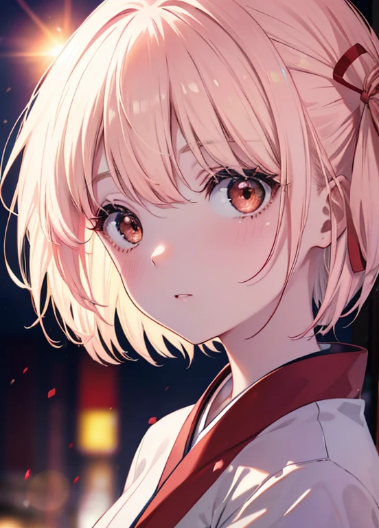 Chisato Nishikigi, Chisato Nishikigi, short hair, bangs, blonde, (red eyes:1.5), hair ribbon, one side up, bob cut,pink floral kimono,pink furisode,white foot bag,Zori sandals,outside the coffee shop,The sun begins to rise between the buildings,first sunrise,笑顔
break looking at viewer, break (masterpiece:1.2), highest quality, High resolution, unity 8k wallpaper, (illustration:0.8), (beautiful and detailed eyes:1.6), highly detailed face, perfect lighting, Very detailed CG, (perfect hands, perfect anatomy),