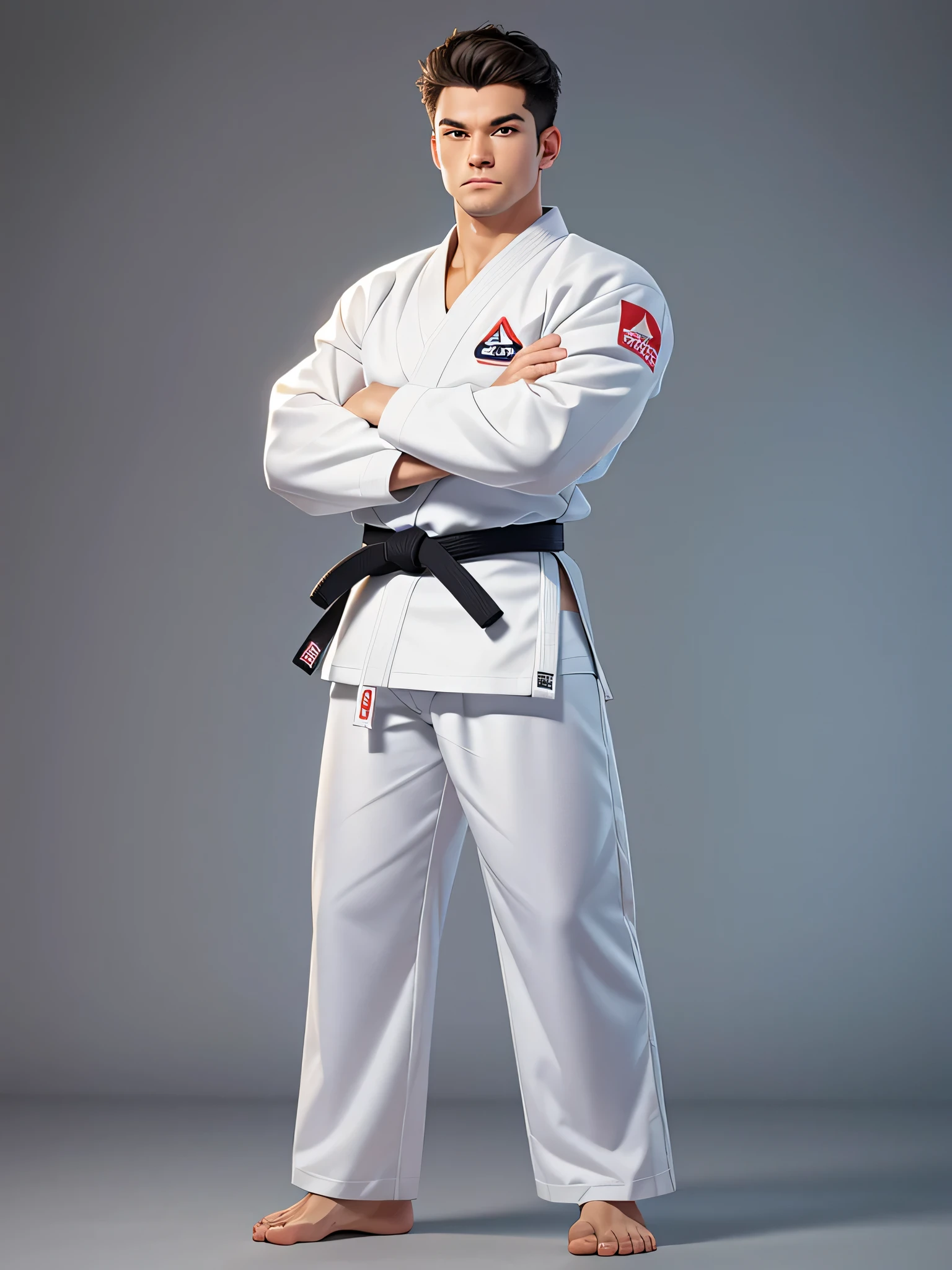 (8k, Foto CRU, qualidade de obra-prima: 1.2), they are a caucasian man, arms crossed in a judo pose, ((vestindo um judogi branco)) ((judogi branco com mangas compridas)), judo, judo pose , Artes marciais, , ((black belt)) principiante, postura de luta, Artes marciais, classification, competition winner, postura de luta, pose de arte marcial, in a dojo (tiro de corpo inteiro: 1) posando para fotografia, postura firme (tiro de corpo inteiro: 1).