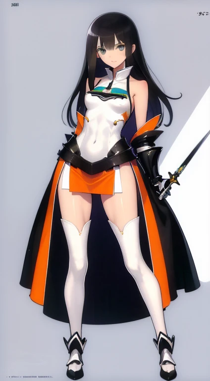 (((Best Quality))) , ((full body)), female, character design, solo, (white background), holding sword, gloves, thigh high, side slit trench skirt, blue, orange, green, violet, brown, white, colorful outfit, bare arms, bare waist, standing, backless casual dress, bikini, side slit skirt, gloves, bare shoulder, armored dress, 