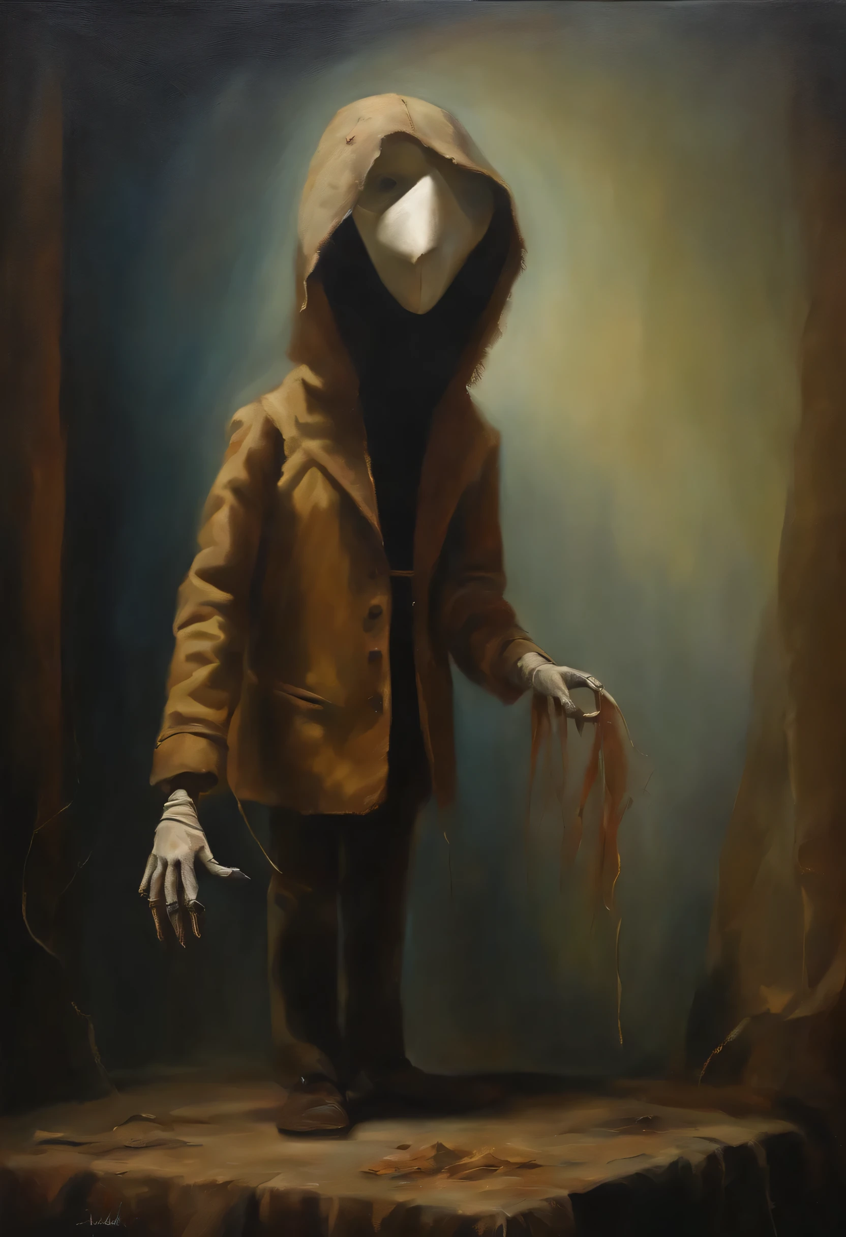 modern oil painting of a faceless puppet, Horror, cores escuras, repugnante,epic scenes ,arte de terror de choque, with saw in hand, muito alto
