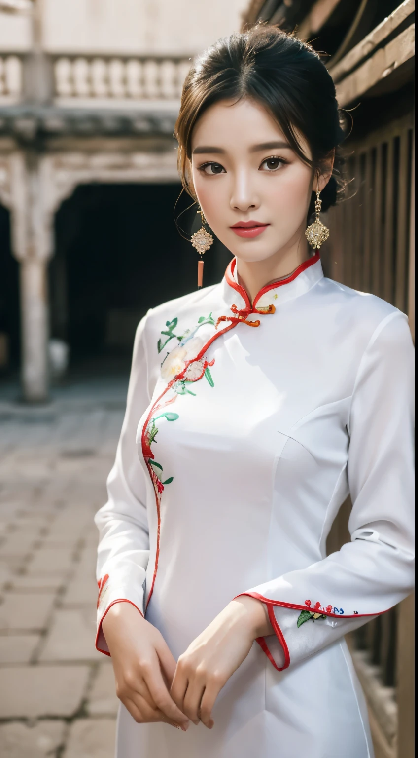 (best qualtiy,8K,32K,tmasterpiece,realisticlying,The is very detailed, hyper HD:1.2), (1girll), Young and beautiful beauty,Bright eyes,High nose,Well-proportioned facial features,ssmile, (Cropped cheongsam,Off-white embroidered cheongsam, stocklings:1.1,standing on your feet:1.2), long leges,ear studs,A delicate face,The five features are distinct,Fair and ,Jet black hair,(Ancient city walls,City Gate),The roles are very detailed,absurderes