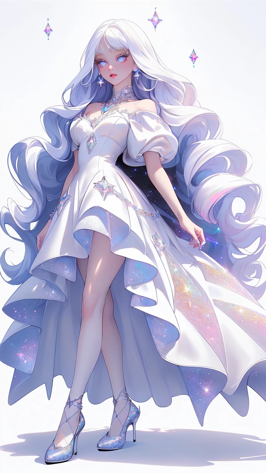 {-erro_de_anatomia:1.0} masterpiece, highest quality, (perfect face:1.1, (high detail)1.1, sweet stardust vampire , long soft white hair, opal eyes, perfectly drawn face, black dress, white background, prismatic lighting, glitter, whole body, cristal shoes, walking feet under the stars