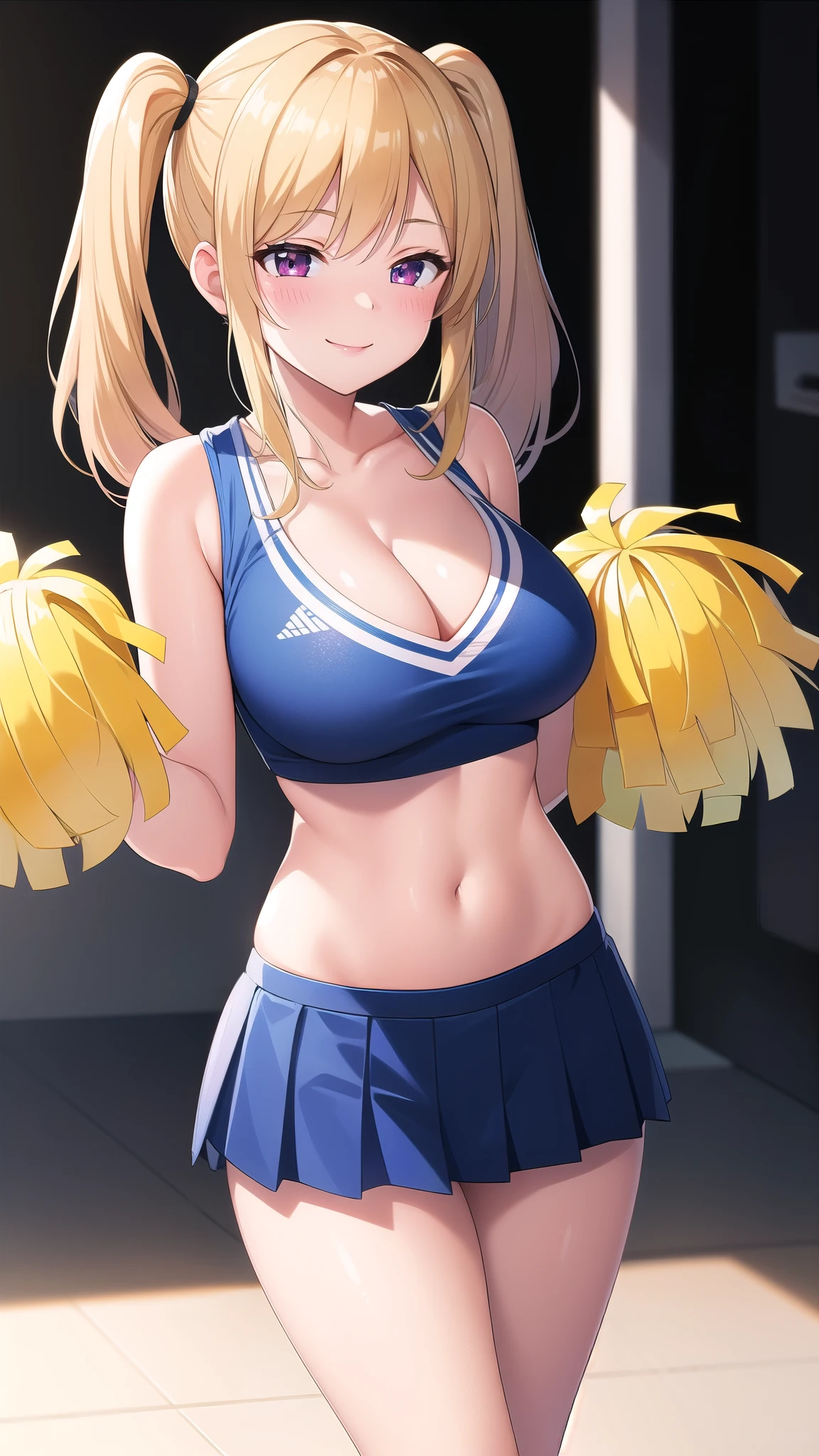 (best quality:1.5, highres, UHD, 4K, detailed lighting, shaders), blonde pigtails, large breasts, thighs, crotch, cheerleader outfit, cleavage, crop top, skirt, sexy, erotic, lewd, seductive, perverted, hentai, flirting, smiling, blushing:1.4, standing, close shot, school background