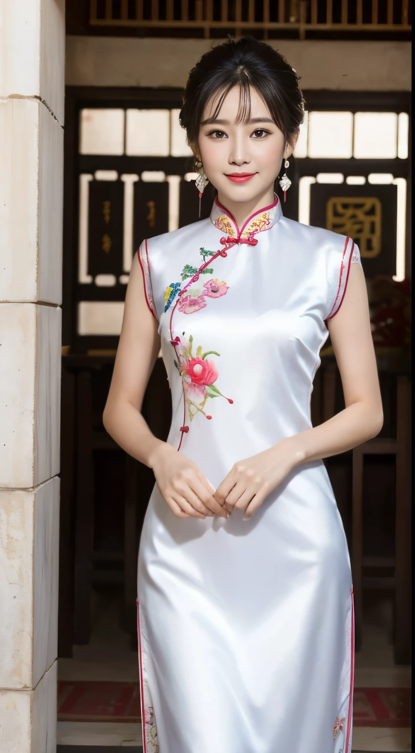 (best qualtiy,8K,32K,tmasterpiece,realisticlying,The is very detailed, hyper HD:1.2), (1girll), Young and beautiful beauty,Bright eyes,High nose,Well-proportioned facial features,ssmile, (Cropped cheongsam,Off-white embroidered cheongsam, stocklings:1.1,standing on your feet:1.2), long leges,ear studs,A delicate face,The five features are distinct,Fair and ,Jet black hair,(Ancient city walls,City Gate),The roles are very detailed,absurderes