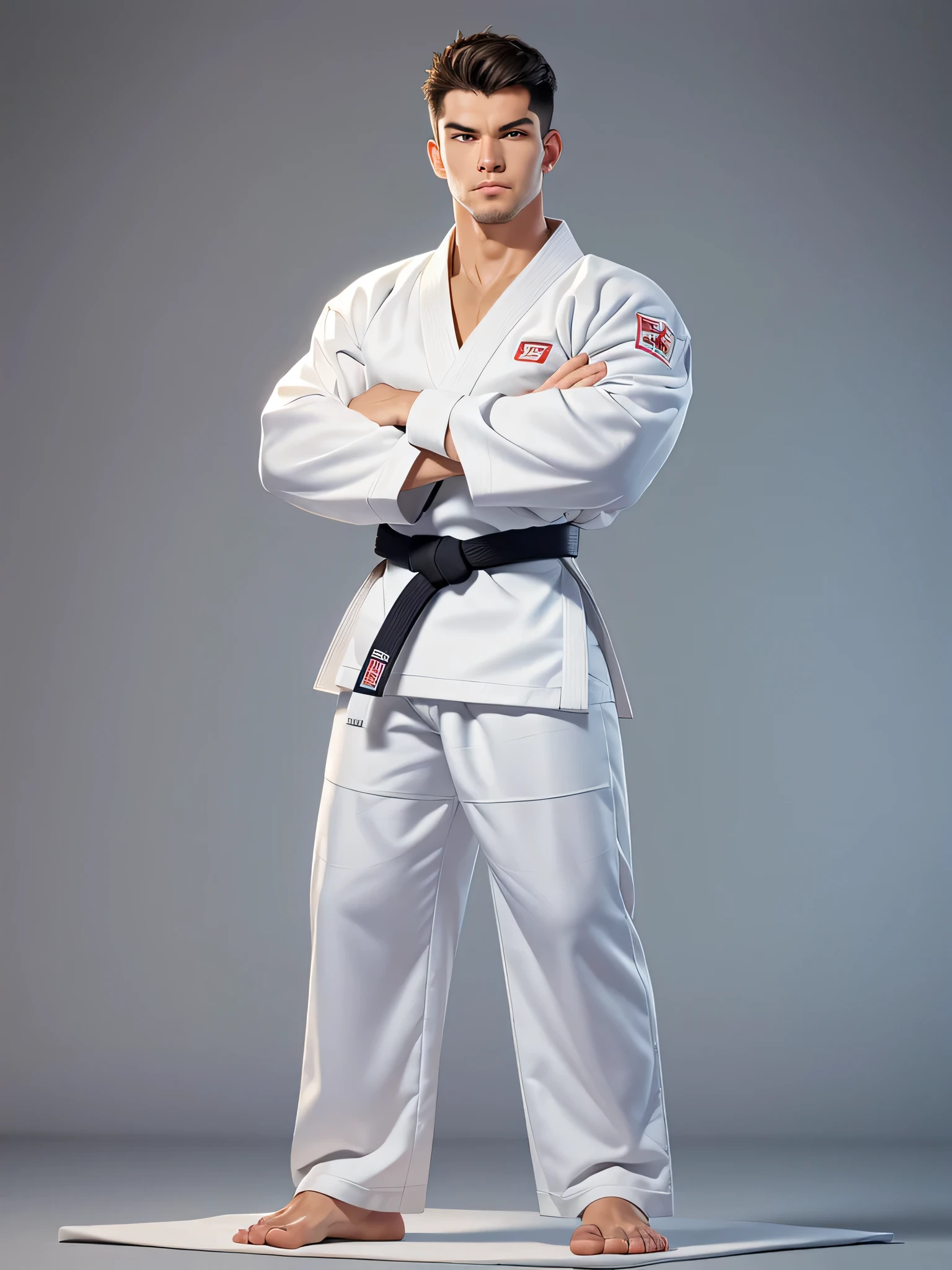 (8k, Foto CRU, Qualidade de obra-prima: 1.2), they are a caucasian man, crossed arms, sideways in a judo pose, ((vestindo um judogi branco)) ((judogi branco com mangas compridas)), judo , judo pose, Artes marciais, , ((black belt)) principiante, postura de luta, Artes marciais, classification, competition winner, postura de luta, pose de arte marcial, in a dojo (tiro de corpo inteiro: 1) posando para fotografia, stable posture (tiro de corpo inteiro: 1).