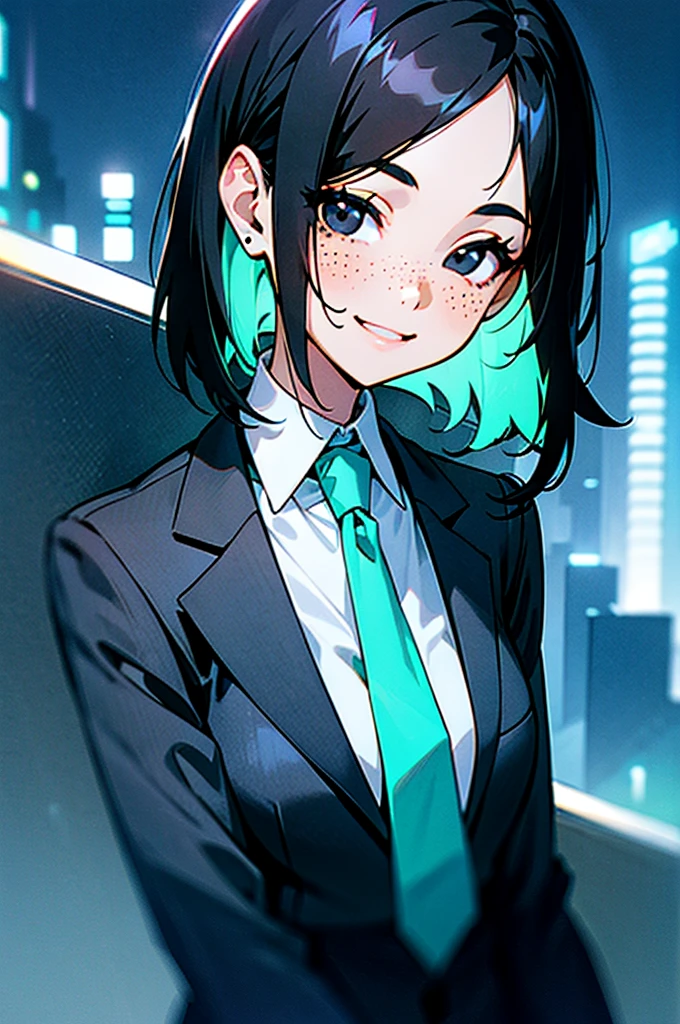 black hair, ((hair tucked behind ear)), forehead, ((long side bangs)), medium length hair, light freckles, woman, ((black eyes)), suit and tie, (neon blue city), smiling