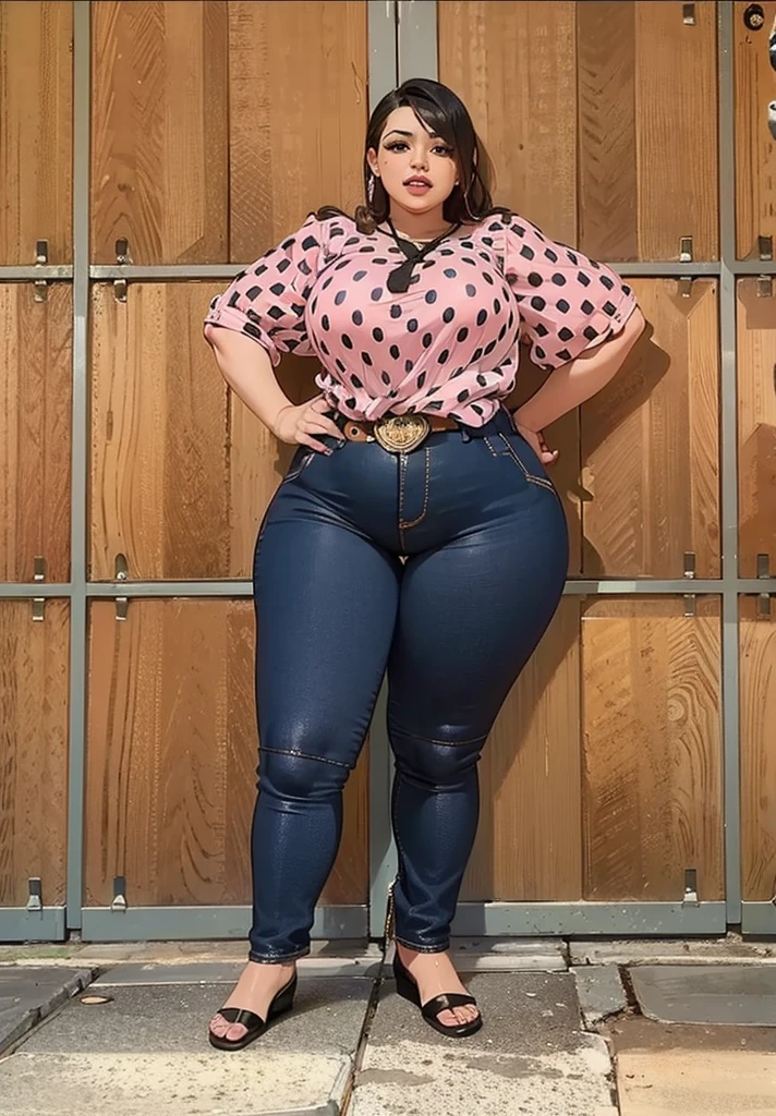 Women, pink shirt, black dots, hands on the hips, blue jeans, high hells, curvy,