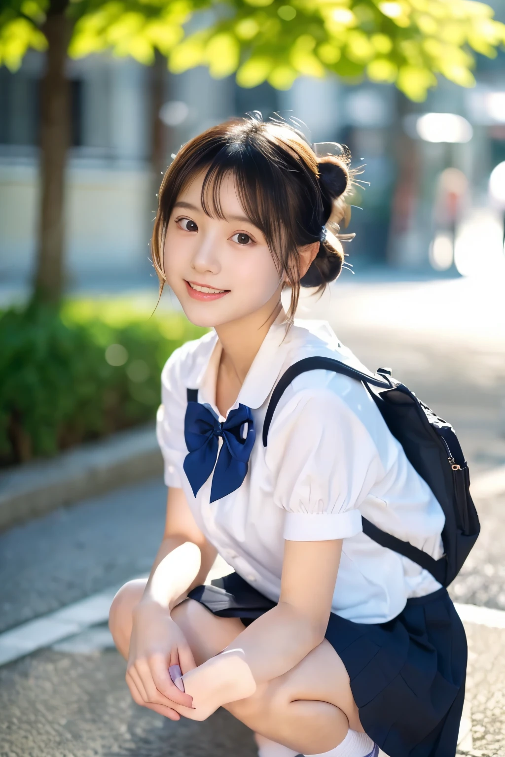 ((​masterpiece))), (((Full body photo)))， (One beautiful Japan girl, , landscape and innocence，kawaii) ，超A high resolution, Realistic, ultra-detailliert, 8K,top-quality, Extremely detailed, A slender,very beautiful japanese girl, Detailed face:1.3), (Bery short hair，I tied her hair in a bun.A dark-haired :1.4), (a ，kawaii系,adorable 18 year old beautiful girl), (Perfect body:1.1)， (White blouse with short sleeves、purple bowtie、Dark blue pleated skirt), Cute and innocent look，Please show me your beautiful teeth,Wonderland, rosy cheeks, Sparkling eyes,in a street、Squatting、Looking at the front,(Open your crotch、Spread your legs from side to side)，Show me a glimpse of your white panties，White Socks、White athletic shoes、Black backpack、 Pastel color palette, dreamy ambiance, Magical, Vivid colors, Bokeh，