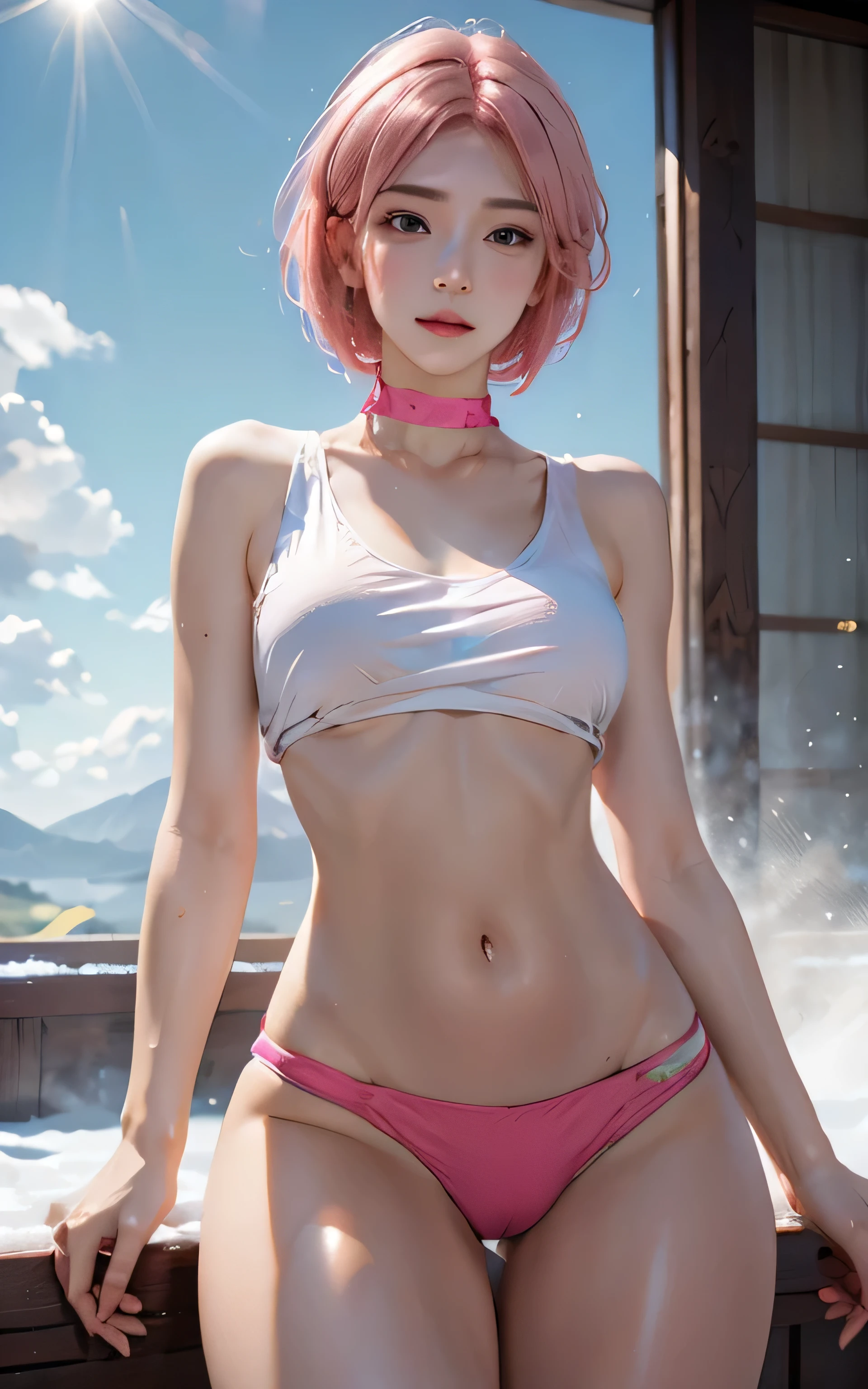high quality,8K quality,High resolution,(masutepiece:1.3),23 year old woman, (white t-shirt,T back,a choker),(Shorthair:1.2,wet bright pink hair:1.3),(Bold pose with legs spread,dynamic pose:1.4),she looks away:1.4,(Soak in a warm hot spring,vaporと静けさに囲まれて,Feels good,Enjoy the healing hot springs),(full of sweat:1.3), (View from below:1.4),open-air bath,steam,vapor,Background with(1 snow scene, sunrise:1.3),(Wet clothes stuck to my skin,nipples are visible,The buttocks can be seen through),small breasts,slender, abdominals:1.2,(young skinny gravure idol, sophisticated gravure idol),(detailed perfect face),normal hands,normal finger,normal foot,(cameltoe, camel toe,Mansuji)