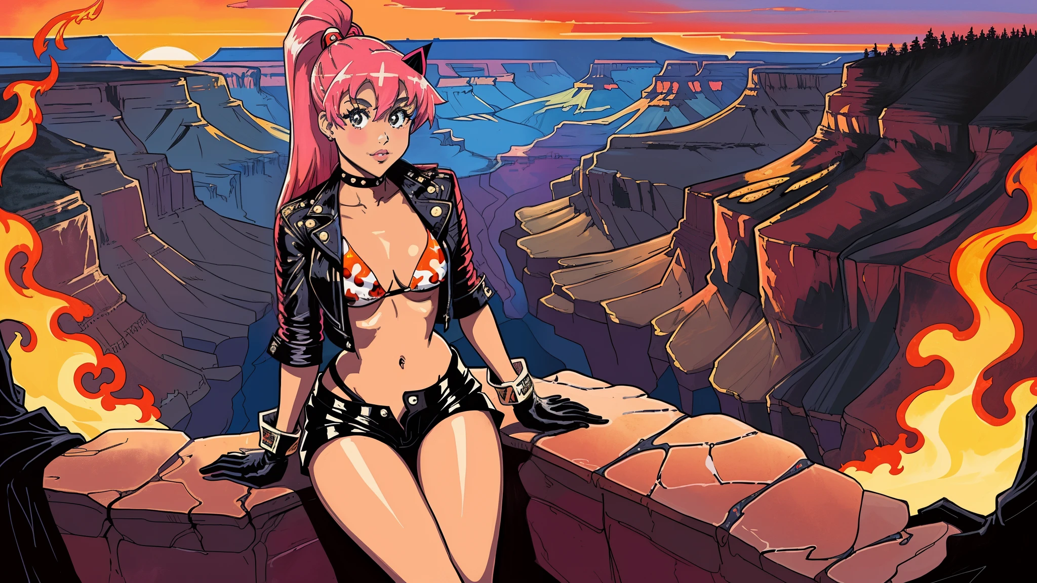 Ariana Grande from tenguen toppa gurren laggan, cute. bikini top with flames print under leather jacket, black leather shorts,, gloves, sitting, looking at the viewer, background: grand canyon, beautiful sunset