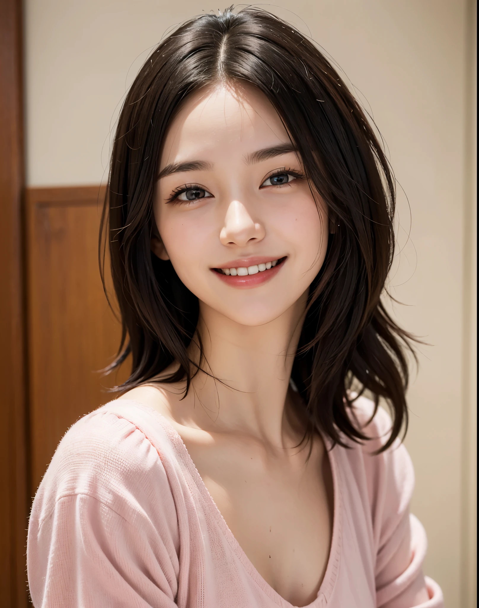 best quality, muste piece, ultra high resolution, (It&#39;s photorealistic:1.4), Raw photo, 1 girl, K deｰPOP idol, short hair, slender body,resort hotel,detailed eyes,(realistic eyes),delicate face,realsK dein,detailed hair,Detailed sK dein,pretty face,((smiling))、((Laughter))、((You look happy, smile))