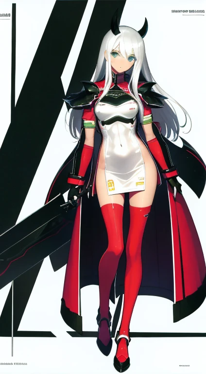 (((Best Quality))) , ((full body)), female, character design, solo, (white background), holding sword, gloves, thigh high, side slit trench skirt, blue, orange, green, violet, brown, white, colorful outfit, bare arms, bare waist, standing, backless casual dress, bikini, side slit skirt, gloves, armored dress,
