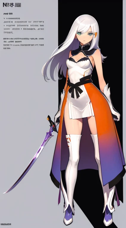 (((Best Quality))) , ((full body)), female, character design, solo, (white background), holding sword, gloves, thigh high, side slit trench skirt, blue, orange, green, violet, brown, white, colorful outfit, bare arms, bare waist, standing, backless casual dress, bikini, side slit skirt, gloves,