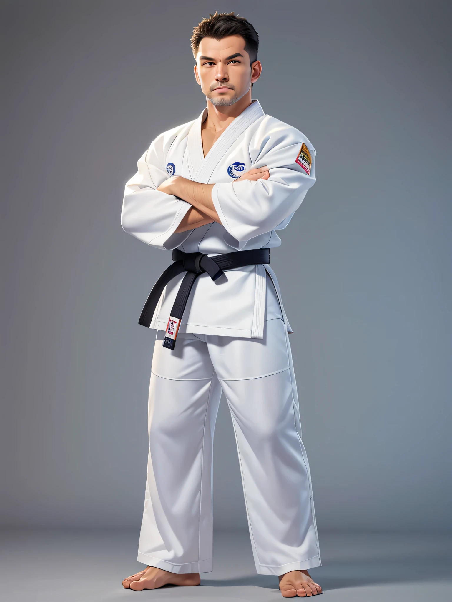 (8k, Foto CRU, Qualidade de obra-prima: 1.2), they are a caucasian man, 45 anos, crossed arms, sideways in a judo pose, ((vestindo um judogi branco)) ((judogi branco com mangas compridas)), judo, judo pose, Artes marciais, , ((black belt)) principiante, postura de luta, Artes marciais, classification, competition winner, postura de luta, pose de arte marcial, in a dojo (tiro no corpo corpo inteiro: 1) posando para fotografia, postura firme (tiro de corpo inteiro: 1).