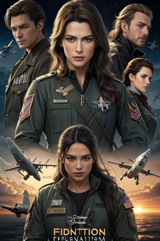 Realistic,Vestido Educado,(Fighter Plane Action and War Movie Poster),(Film Reference Foundation: 1.8),Realistic,General Uniform of the Air Force,(Realistic Face Resolution),Cinematic poses,adulto,magro,pequeno,Cabelo Longo Mulher Loira Escura 1 Pessoa,serious face,science fiction,scientific fiction,Diferentes personagens coadjuvantes