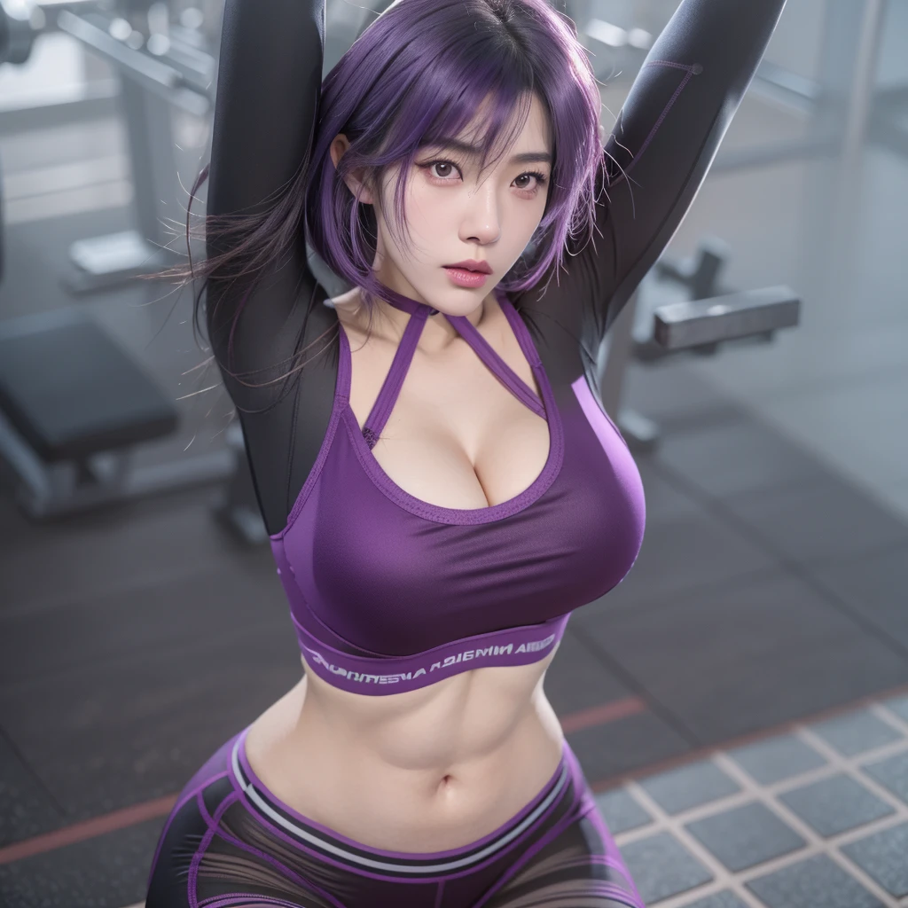 realistic korean gorgeous girl with purple hair and black top workout in gym, seductive girl, thicc, motoko kusanagi, working out, ultra realistic, ghost in the shell style, detailed photography, 8k, realistic style, smooth cg art, (nsfw) not safe for work, (transparent bra top:1:1.2), push up bra, nipple, 