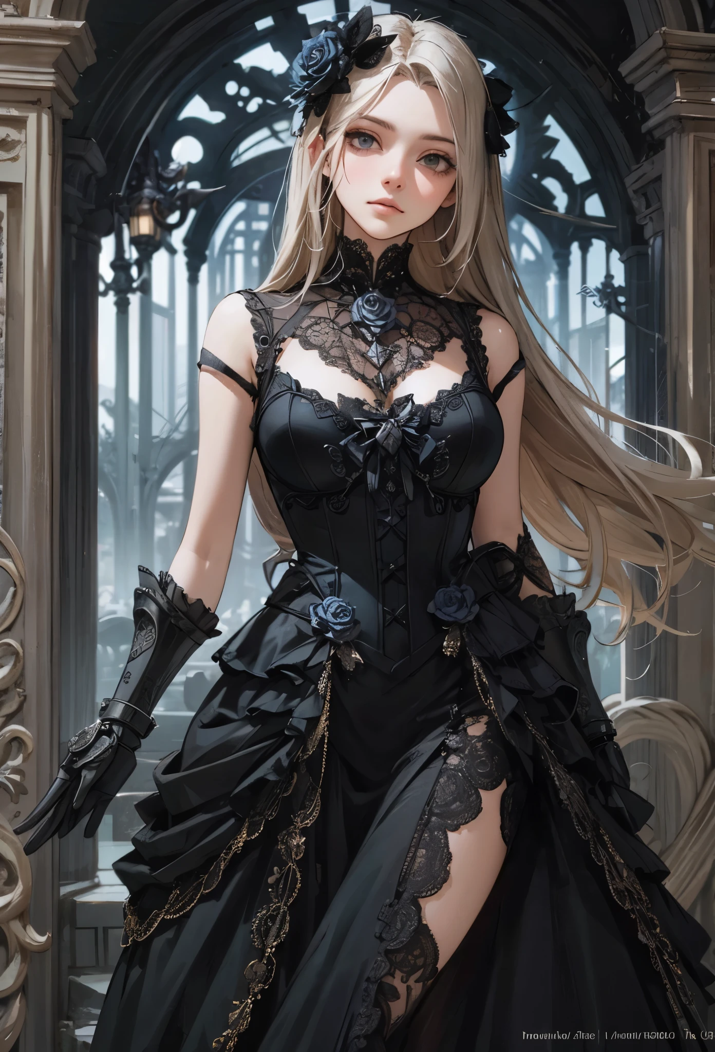 (Detailed illustrations,Very detailed and detailed drawing,Delicate lines with slow and rapid,Realistic texture expression),[Color tressed main line],[Ruins of a super-ancient civilization],[ANIME] (MACHINEAlice Beauty 16 years old) straight long hair [AUTOMATON],([Black Rose] black dress) (Cyber Alien Armor [Through the material]) [caltrop] Lock [Titanium alloy] [[Through the material]],Cybernetic Gothic Lolita,(Intricate and beautiful decoration [Dense detail]),(Fine and beautiful skin expression [transparency]),[完璧な目のdetailed (Iris beautifully drawn in every detail)[Jewel-like eyes]],[long and beautiful eyelashes],[Meticulously drawn hair [美しく艷やかな髪のdetailed]],(完璧な手のdetailed [Beautiful fingers without breakdowns [Beautiful nails]]),(Perfect Anatomy(Perfectly proportioned))[[full body portrait]],[[Design built to the highest level]][Ideal color coordination(Accurate simulation of light-material interactions)],([Precision Detail](detailed,High definition)),[Visual art that conveys a sense of narrative].