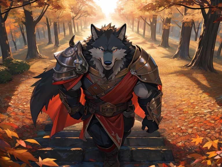 Walk through the autumn forest, ((from above:1.2)), looking at the audience, autumn leaves, peaceful atmosphere, Sunlight flows through the trees, cascading leaves, leaves rustling, Layered shades of orange and gold, tall trees swaying, path of sunlight, fall color palette, peaceful atmosphere,natural immersion, mossy ground, Humanity((dramatic))epic, dynamic poses, a scene from the movie, Extreme perspective and powerful composition, ridiculous, perfect anatomy, Magnificent scenes of fierce battle between beasts, (ultra deTailed), sharp focus, Negi, eyes, black eyes, hairy, light white fur, brown fur, White beard, Humanity (Wolf), male, middle aged, black gray body, white belly, Tail, muscular, knight clothing, red cherry long cloak, ultra deTailed face, depth of field, motion blur, high deTails, high quality, Award-winning, HD, 16k, (best quality,4K,8k,high resolution,masterpiece:1.2),ultra-deTailed,actual:1.37,HDR,UHD,studio lighting,extreme deTail description,professional,bright colors,Bokeh,lively atmosphere, natural lighting, (close up:1.5), (:0.2)