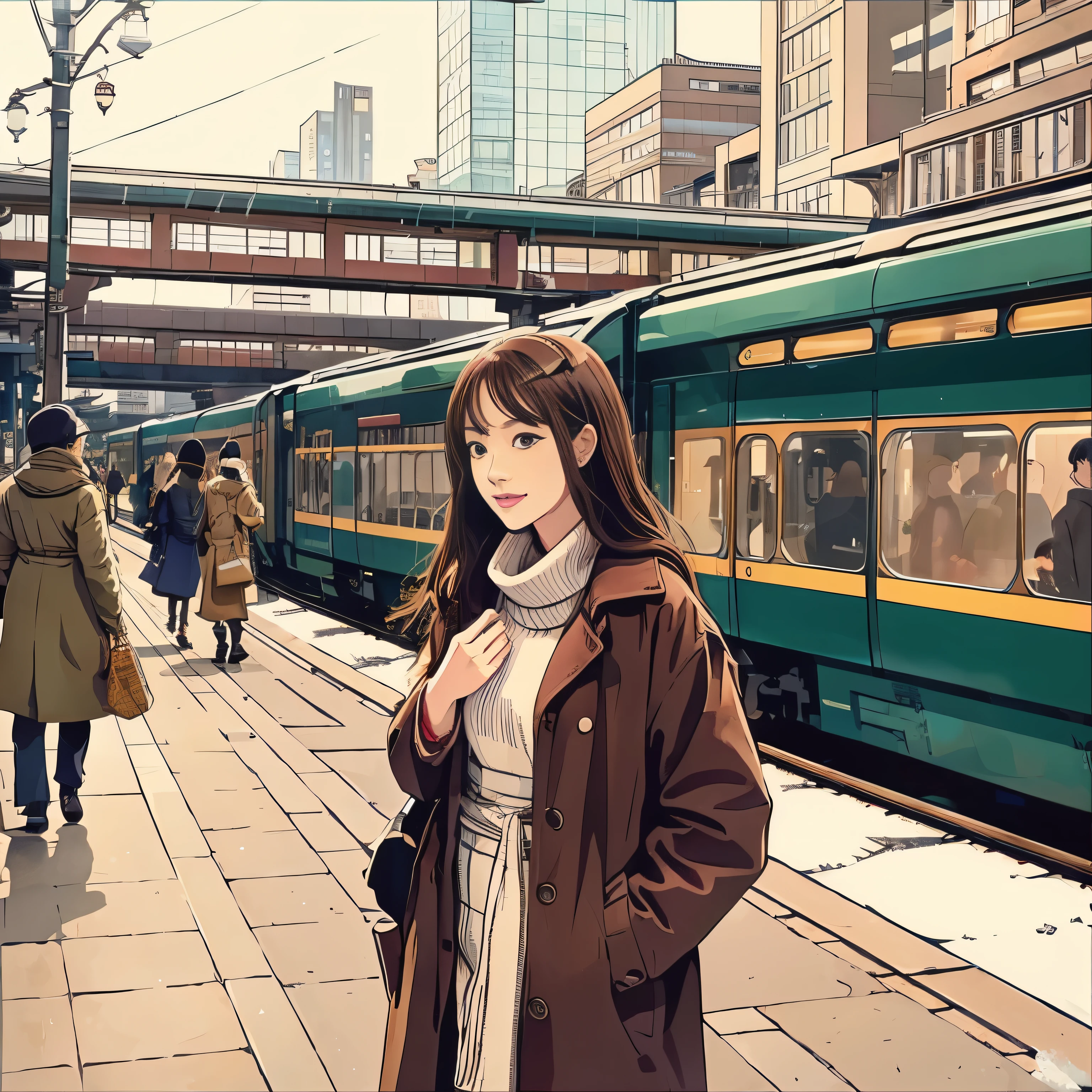 High resolution、illustration style、Showa Anime、ukiyoe painting、((woman))、Tokyo、((fashion))、The background is the station、26 years old、winter