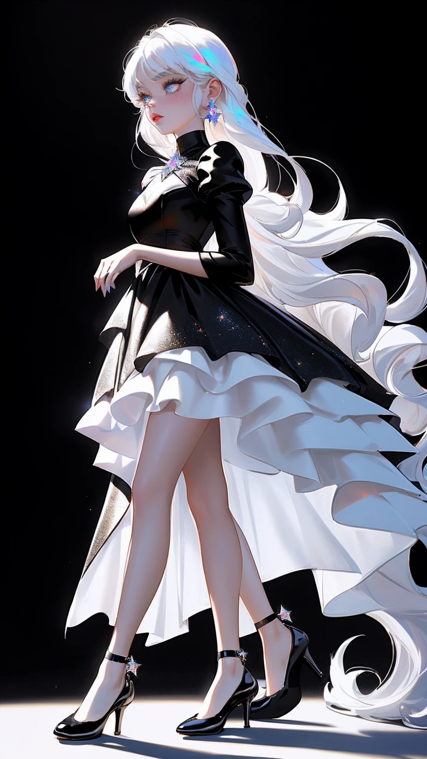 {-erro_de_anatomia:1.0} masterpiece, highest quality, (perfect face:1.1, (high detail)1.1, sweet stardust vampire , long soft white hair, opal eyes, perfectly drawn face, black dress, black background, prismatic lighting, glitter, whole body, cristal shoes, walking feet under the stars
