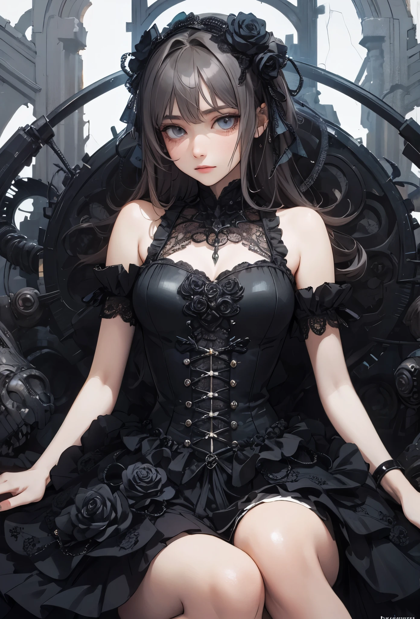 (Detailed illustrations,Very detailed and detailed drawing,Delicate lines with slow and rapid,Realistic texture expression),[Color tressed main line],[Ruins of a super-ancient civilization],[ANIME] (MACHINEAlice Beauty 16 years old) straight long hair [AUTOMATON],([Black Rose] black dress) (Cyber Alien Armor [Through the material]) [caltrop] Lock [Titanium alloy] [[Through the material]],Cybernetic Gothic Lolita,(Intricate and beautiful decoration [Dense detail]),(Fine and beautiful skin expression [transparency]),[完璧な目のdetailed (Iris beautifully drawn in every detail)[Jewel-like eyes]],[long and beautiful eyelashes],[Meticulously drawn hair [美しく艷やかな髪のdetailed]],(完璧な手のdetailed [Beautiful fingers without breakdowns [Beautiful nails]]),(Perfect Anatomy(Perfectly proportioned))[[full body portrait]],[[Design built to the highest level]][Ideal color coordination(Accurate simulation of light-material interactions)],([Precision Detail](detailed,High definition)),[Visual art that conveys a sense of narrative].