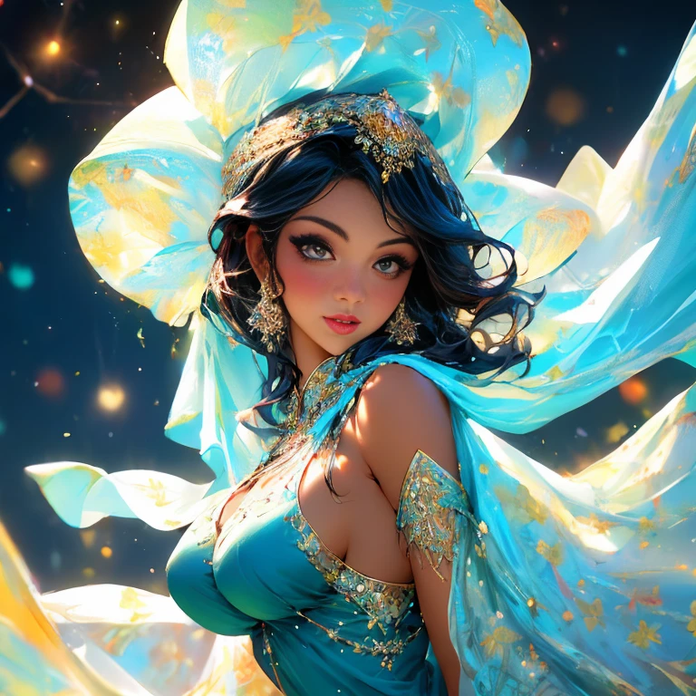 A persian girl on her 25 dressed with persian lght blue dress, black hair, black eyes, tanned skin, beautiful detailed eyes,big breast, round hips, she is looking in camera, beautiful detailed lips,extremely detailed eyes and face,longeyelashes,girl,portrait,illustration,highres,realistic,bokeh,soft lighting,warm color tones,fantasy garden,flowers,flowing dress,magical atmosphere,peaceful ambiance