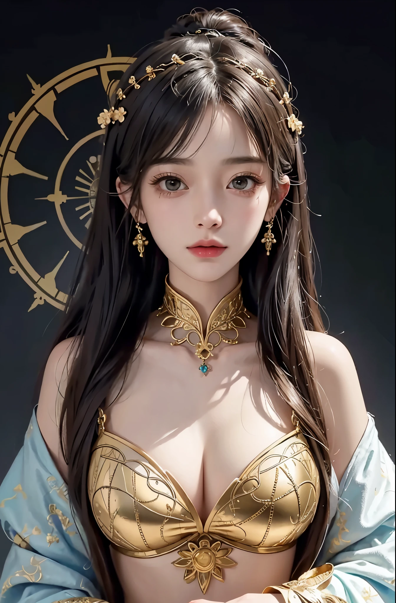 (masterpiece、highest quality、highest quality、official art、beautiful and aesthetic:1.2)、(1 girl)、extreme details、colorful、highest details、official art、unity 8k wallpaper、Super detailed、beautiful and aesthetic、big boobs、masterpiece、highest quality、(zentangle、a Mandala、Tangles、Entanglement)、holy light、gold foil、gold foilアート、Glitter painting、PerfectNwsjMajmagic