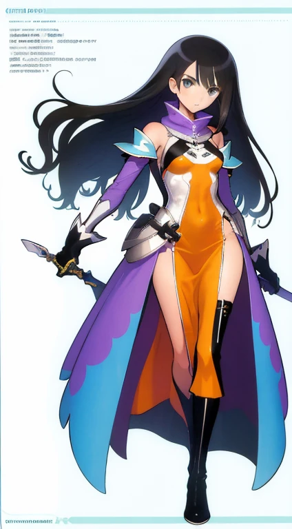 (((Best Quality))) , ((full body)), female, character design, solo, (white background), holding sword, gloves, thigh high, side slit trench skirt, blue, orange, green, violet, brown, white, colorful outfit, bare waist, standing, backless casual dress, bikini, side slit skirt, gloves, 
